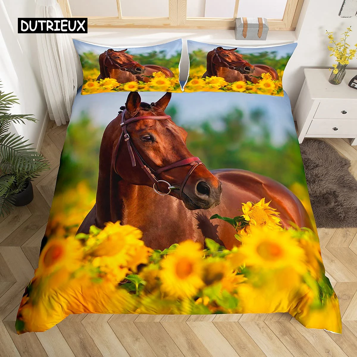 

3D Horse Duvet Cover King Queen Size Yellow Sunflower Bedding Set Floral Animal Theme Quilt Cover Wildlife Soft Comforter Cover