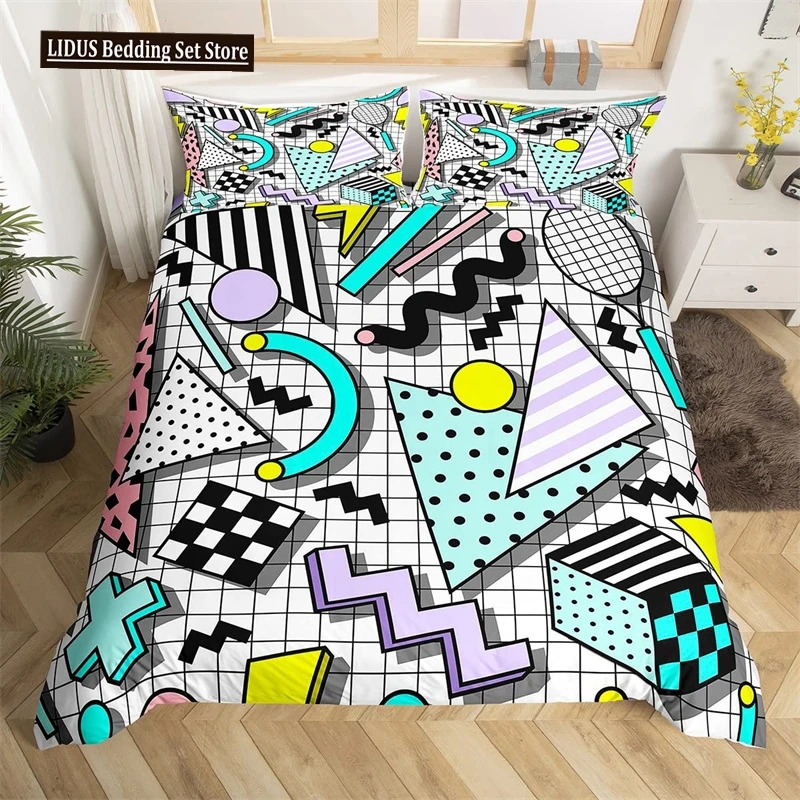 

Retro 80s Style Bedding Set Twin King Size Abstract Geometric Pattern Duvet Cover Set Microfiber Circle And Triangle Quilt Cover