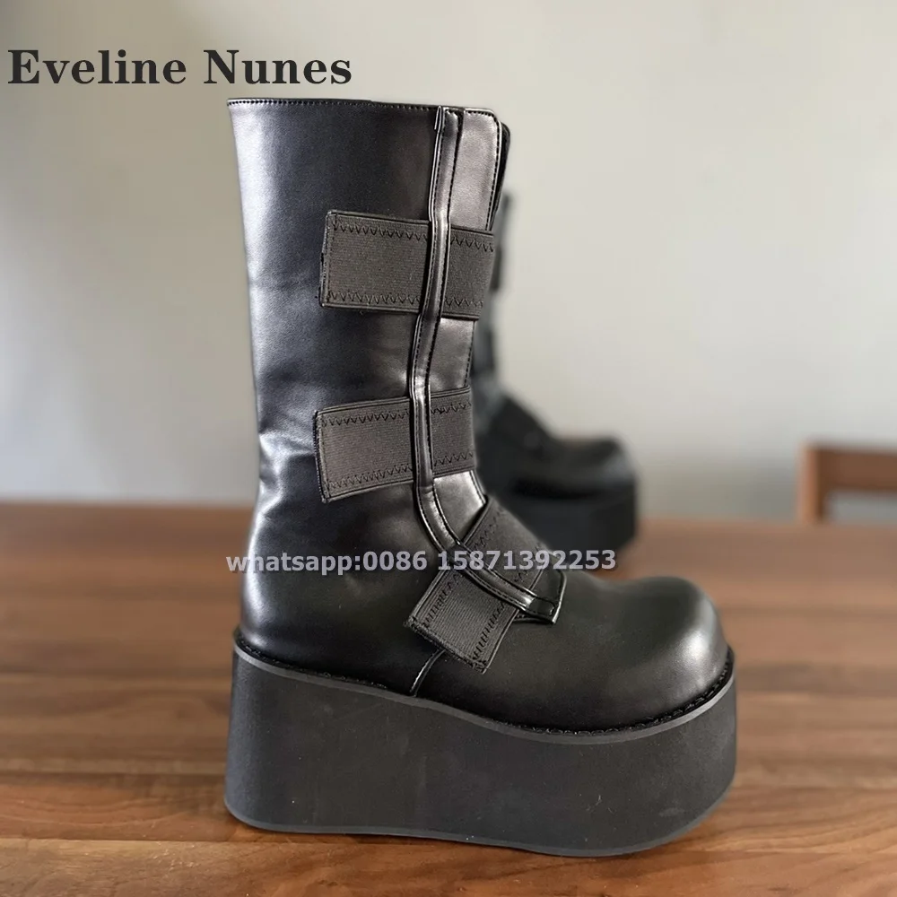 Big Round Toe Platform Black Ankle Boots Height Increasing Bandage Patchwork Slip On Sleek Modern Booty Punk Cool Dark Shoes