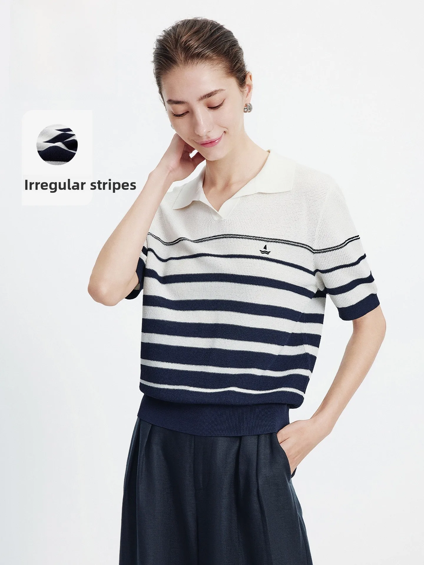 

Дышащая повседневная трикотажная рубашка с коротким рукавом Navigare, классическая полосатая футболка с отложным воротником, весна-лето, женская мода