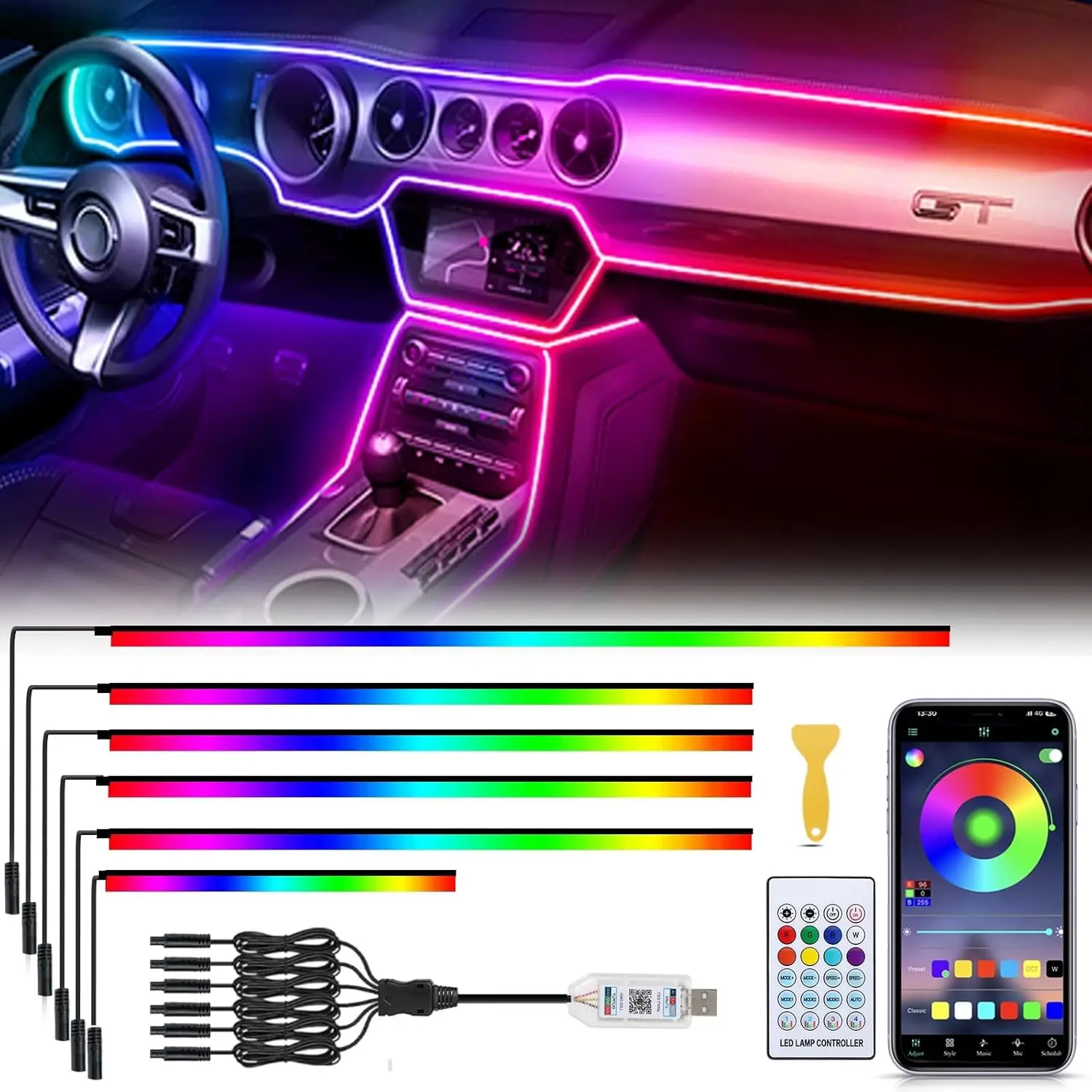 

6-in-1 Acrylic Car LED Interior Lights with 584 LEDs, 16M Colors, APP & Remote Control, Music Sync for All Drivers