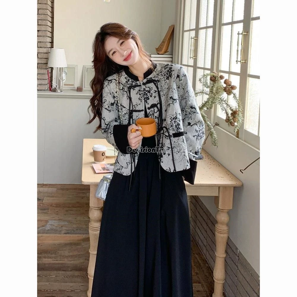 2024 autumn new chinese style trendy clothing set improved elegant printing button tassel tang suit top simple solid color skirt