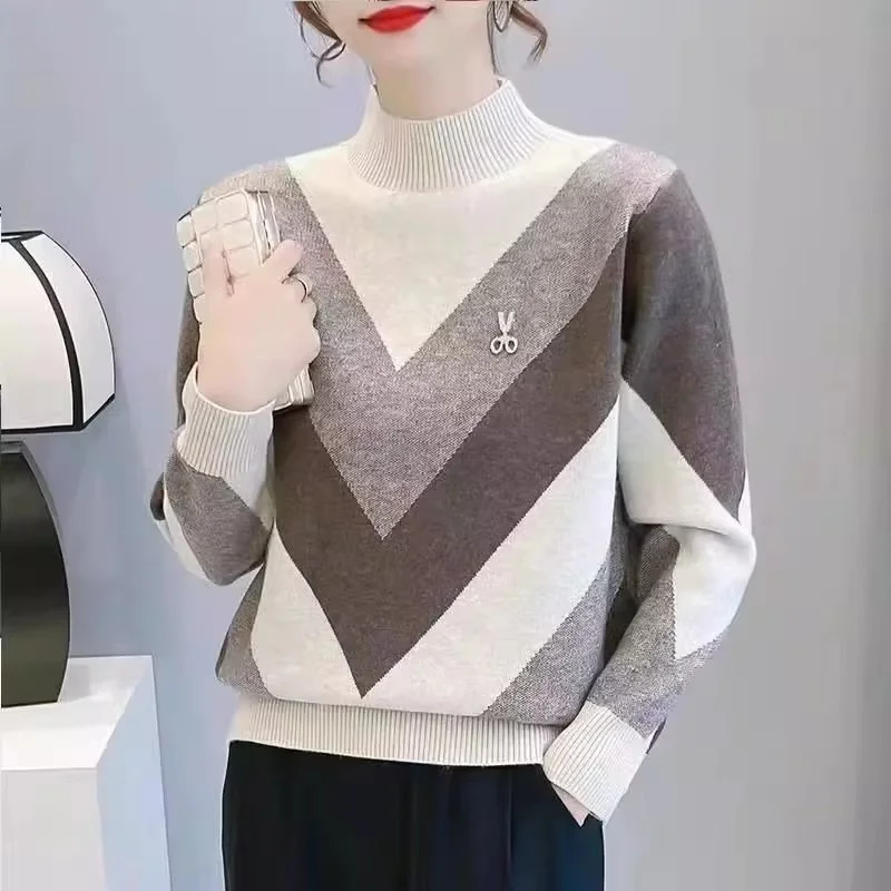 2024 New Half Turtleneck Sweater Women Autumn Winter Thicken Color Blocked Pullover Sweater Female Loose Casual Knitted Jumper