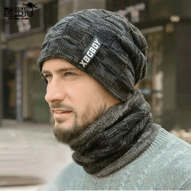 Designer Winter Hats for Men 2-pcs Wool Neck Scarf Cap Sets Warm Thick Fleece Lined Wool Beanies Outdoor Windproof Knitted Hat