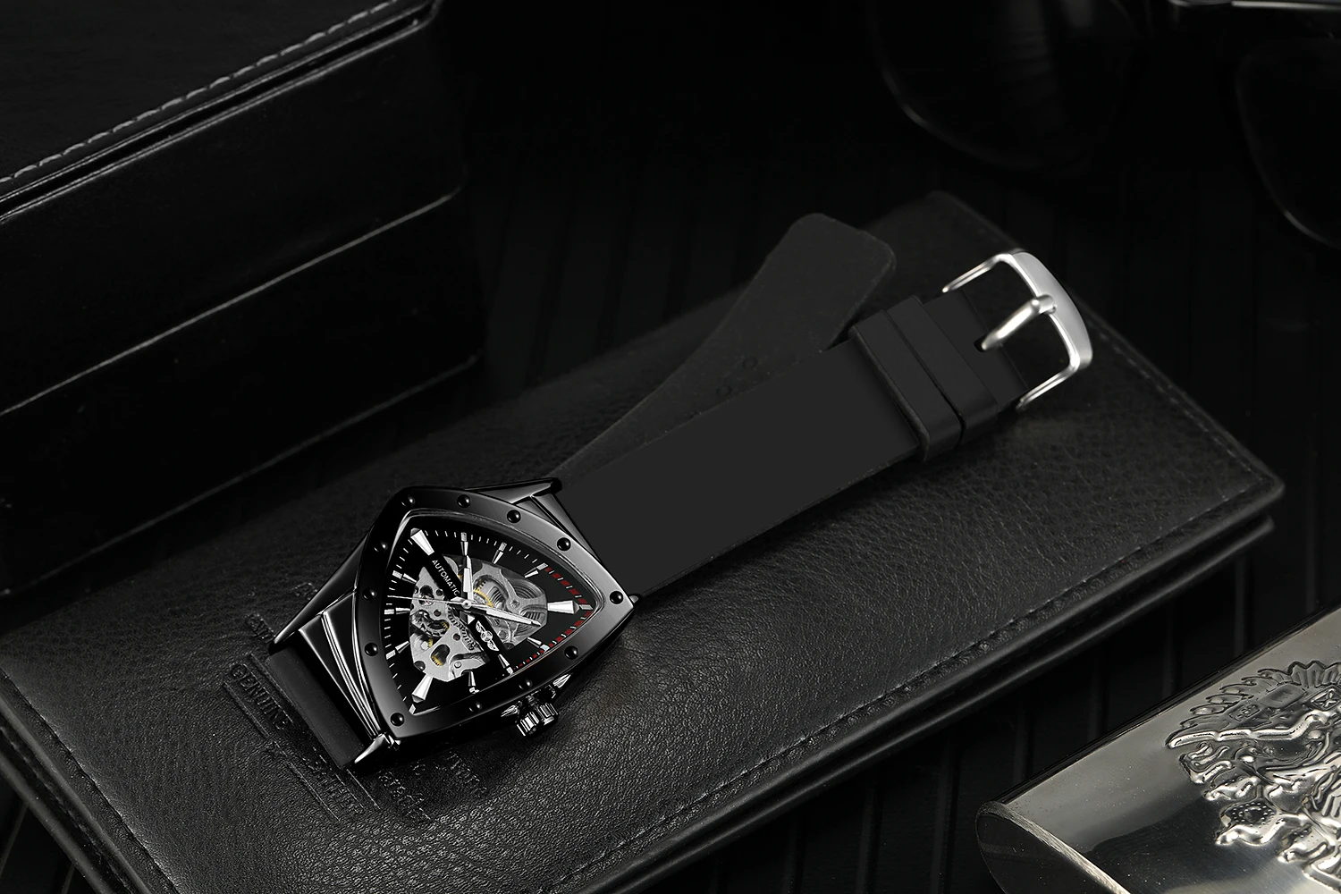 T-WINNER Casual Sport Men's Watches Skeleton Automatical Mechanical Triangle Silicone Strap Hollow Wristwatch Racing Gifts Clock