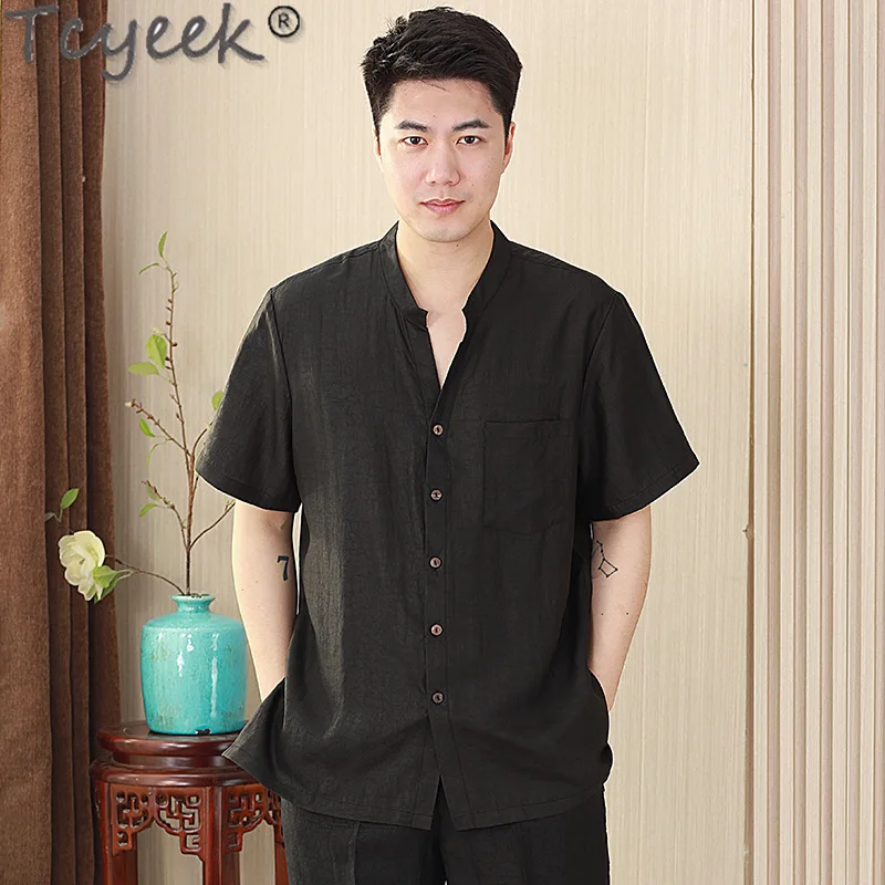 Tcyeek 100% Mulberry Silk black Shirts for Men Summer Clothes Short Sleeve Top Casual Mens Shirt Loose Fit 2024 Camisa Masculina