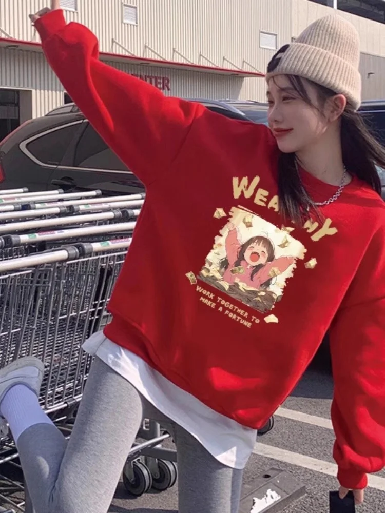 Sweats à capuche College pour femmes, sweat-shirt surdimensionné, pull à capuche K-pop, vêtements d'extérieur rouges pour filles, manteau tout match, festival du printemps, automne et hiver