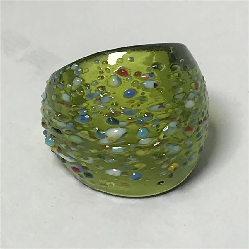 New Handmade For Women Retro Style Murano Glass Transparent Liuli Highlighted Colored Dots Green Finger Rings Fashion Jewelry