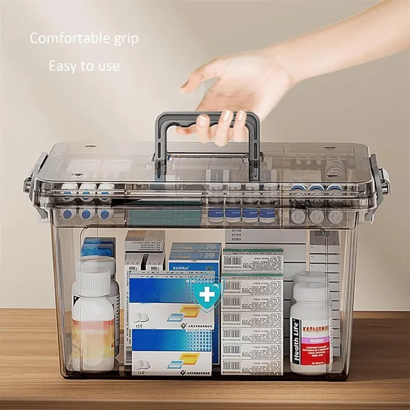 

transparent waterproof medicine & first aid storage box - double-layer pp plastic medication with rectangular lid, emergency sup