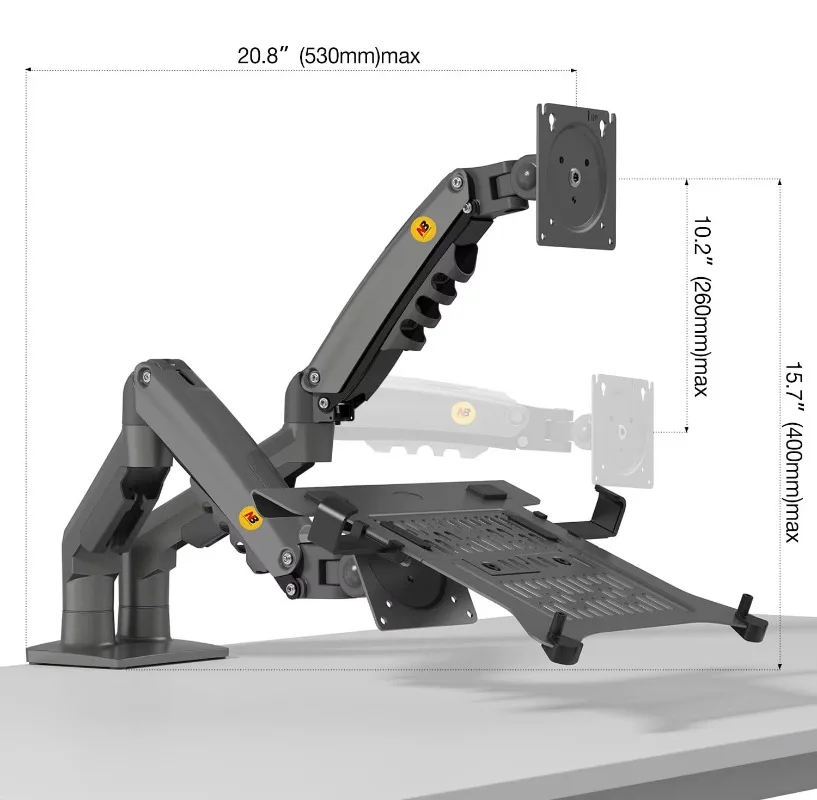 Support pour ordinateur portable avec plateau réglable pour bras de mouvement complet pour ordinateur portable 10-17'' avec plaque VESA pour moniteur 17-30''F160-FP