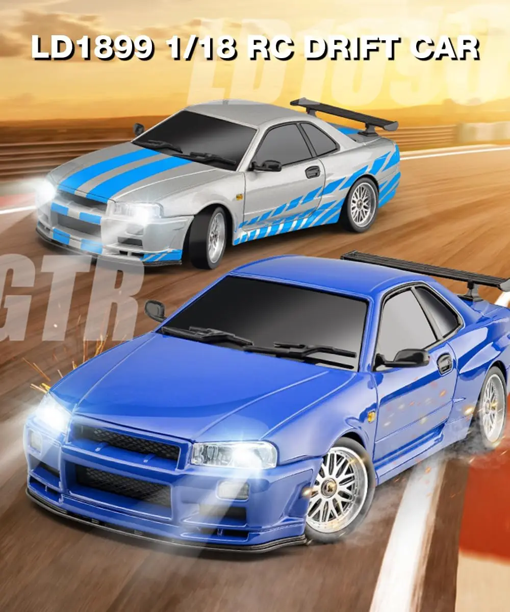 1/18 Scale Remote Control Drift Car, 2.4GHz RWD Mini Model Vehicle with Gyro Stabilizer, Alloy Body Shell Racing Car for Adult Hobbyists, GTR R34 Style (Silver-Blue) - view 3