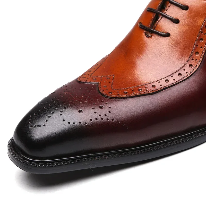 Classic Men's Brogue Oxford Dress Shoes Luxury Genuine Brown Cow Leather Pointed Toe Lace-Up Wedding Party Formal Shoe for Men