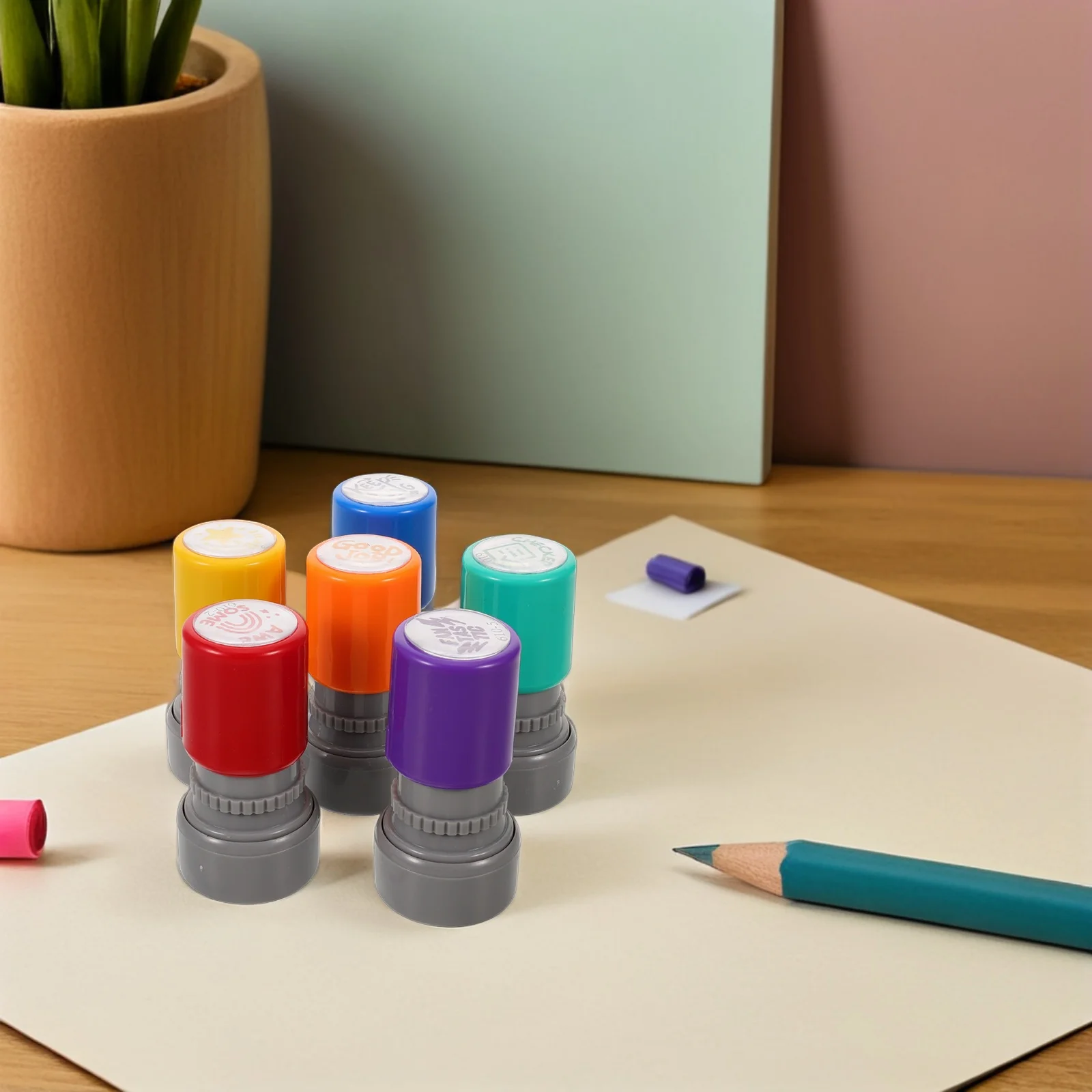 

6pcs Children's Education Seals Colorful Rubber Stamps for Kids Classroom Grading Homework Feedback Reward Teacher Stamps