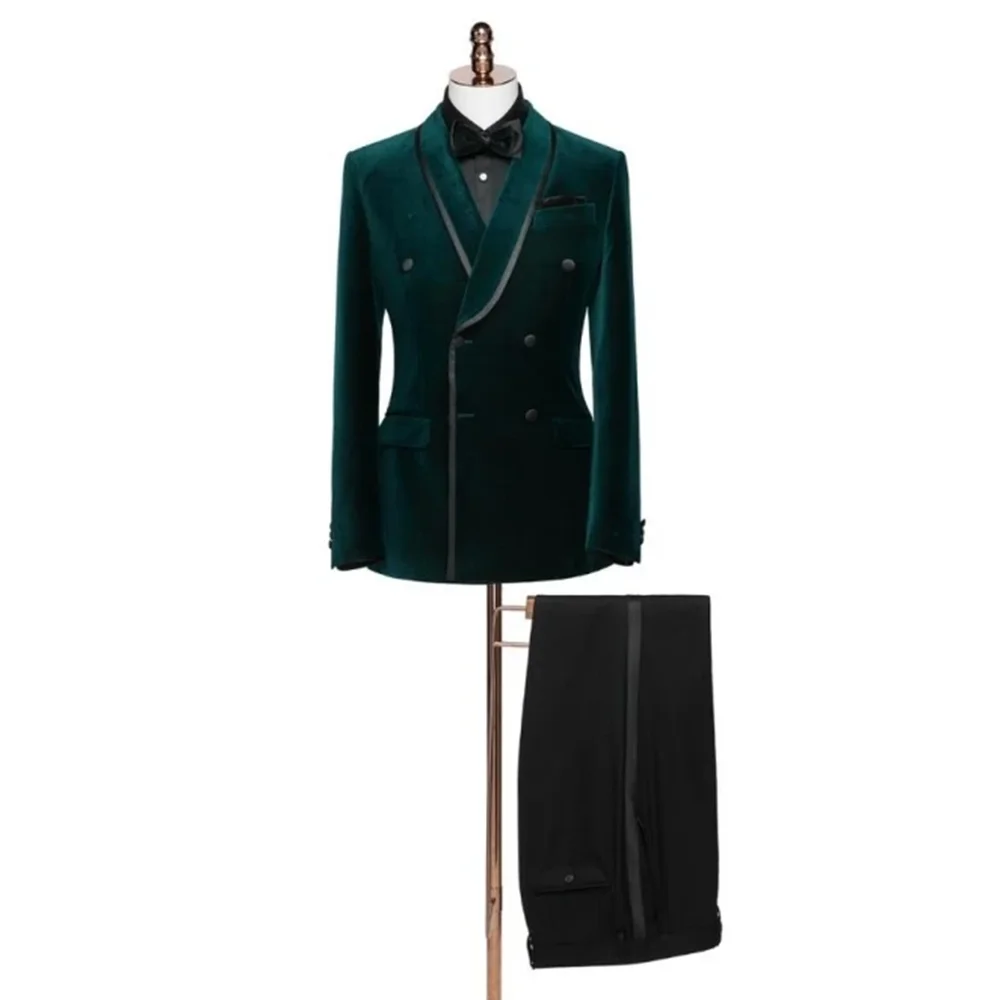 

Green Velvet Men's Suits 2 Piece Fashion Groom Wedding Party Tuxedo Slim Chic Shawl Lapel Double Breasted Male Suit 2024