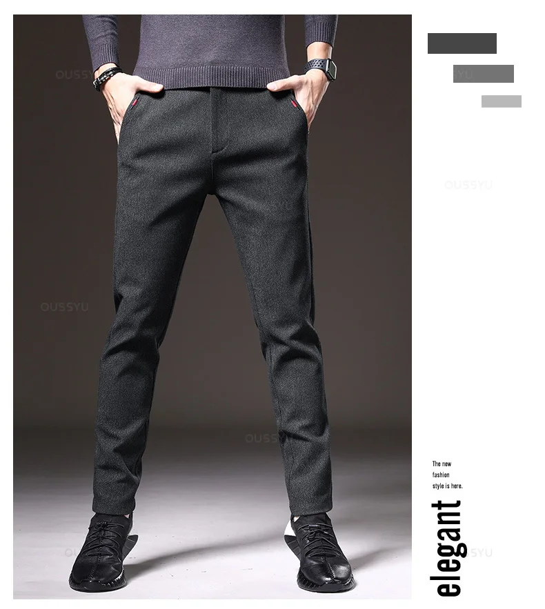 Autumn Winter Men's Casual Pants Solid Color Business Elastic Waist Slim Fit Stretch Thick Gray Black Blue Cotton Trousers Male 16 S441dec0111b74398a9ce323260aa42f0u