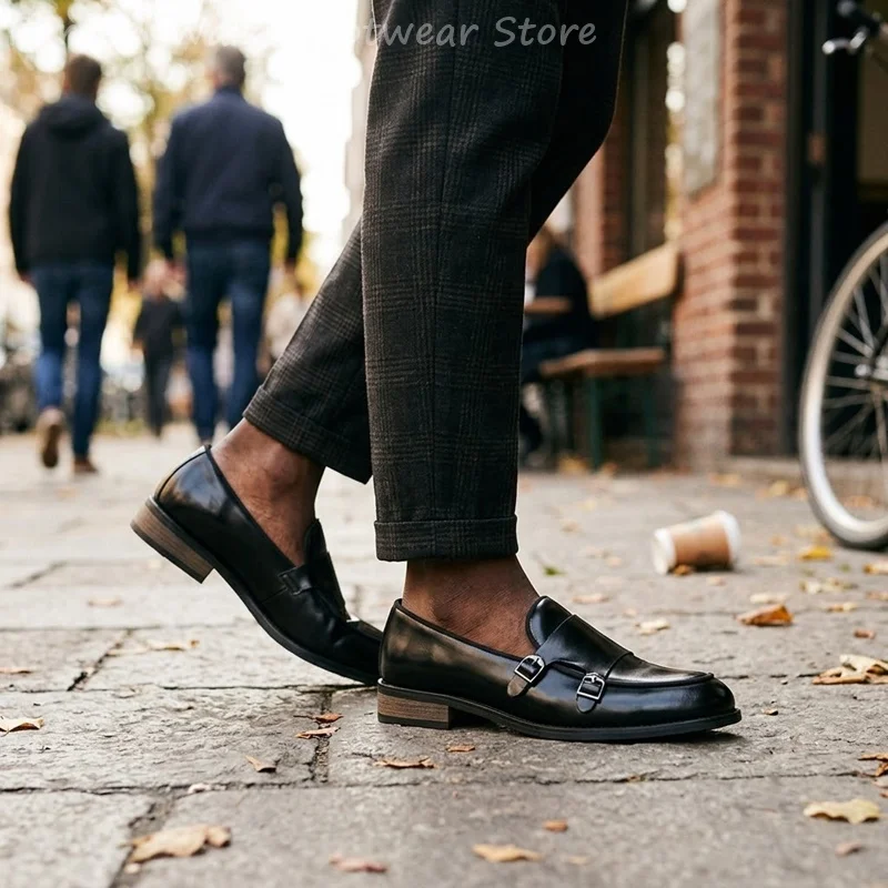 Men Double Buckle Loafers Vintage Slip On Dress Shoes Classic Formal Oxfords Business Casual Office Party Footwear Shoes For Men view 3
