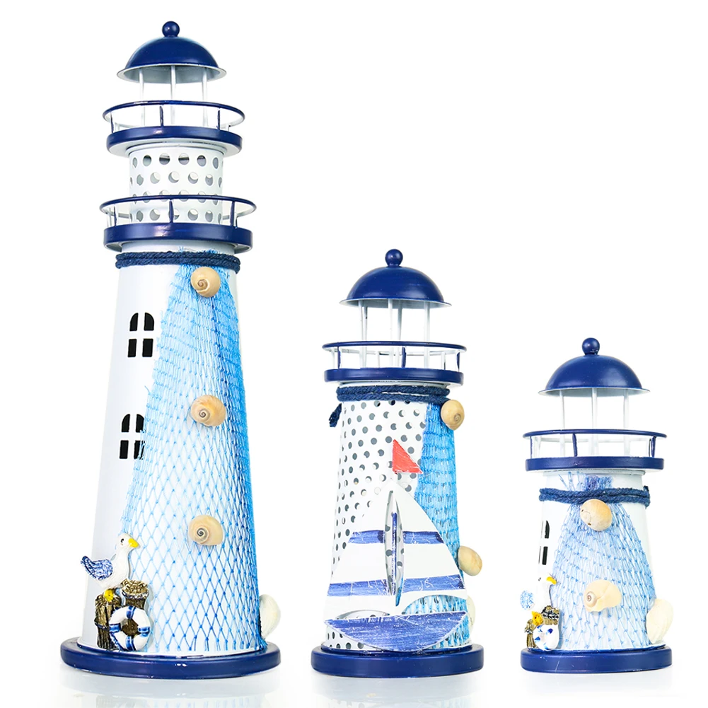 Nautical Ocean Flash Lighthouse Fishing Net Starfish Metal Beacon Tower Ornaments Figurines Crafts Paperweight Home Decor