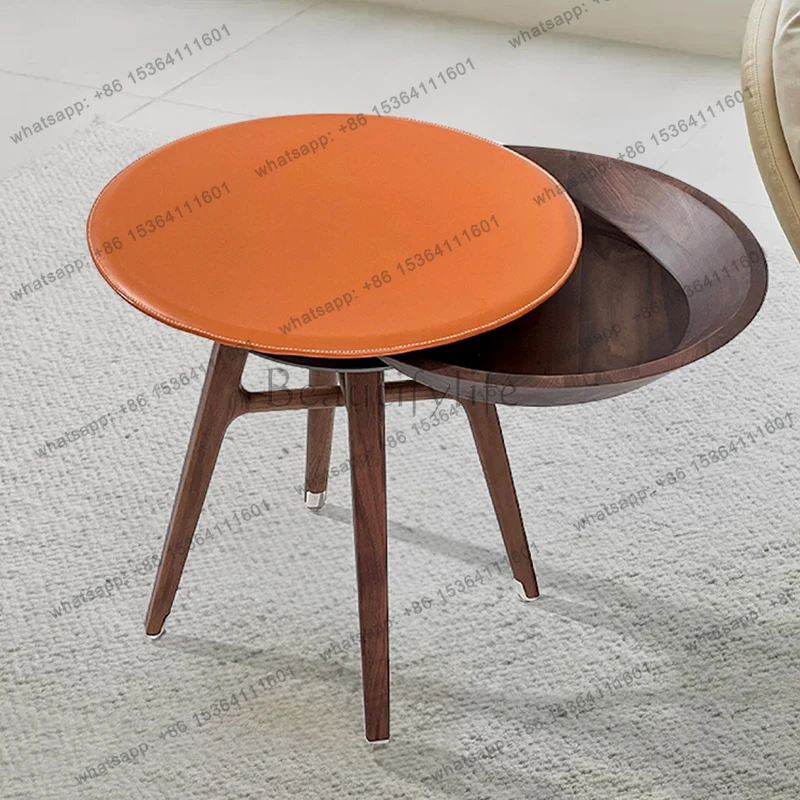 

light luxury solid wood edge few saddle leather living room multi-functional sofa small side table