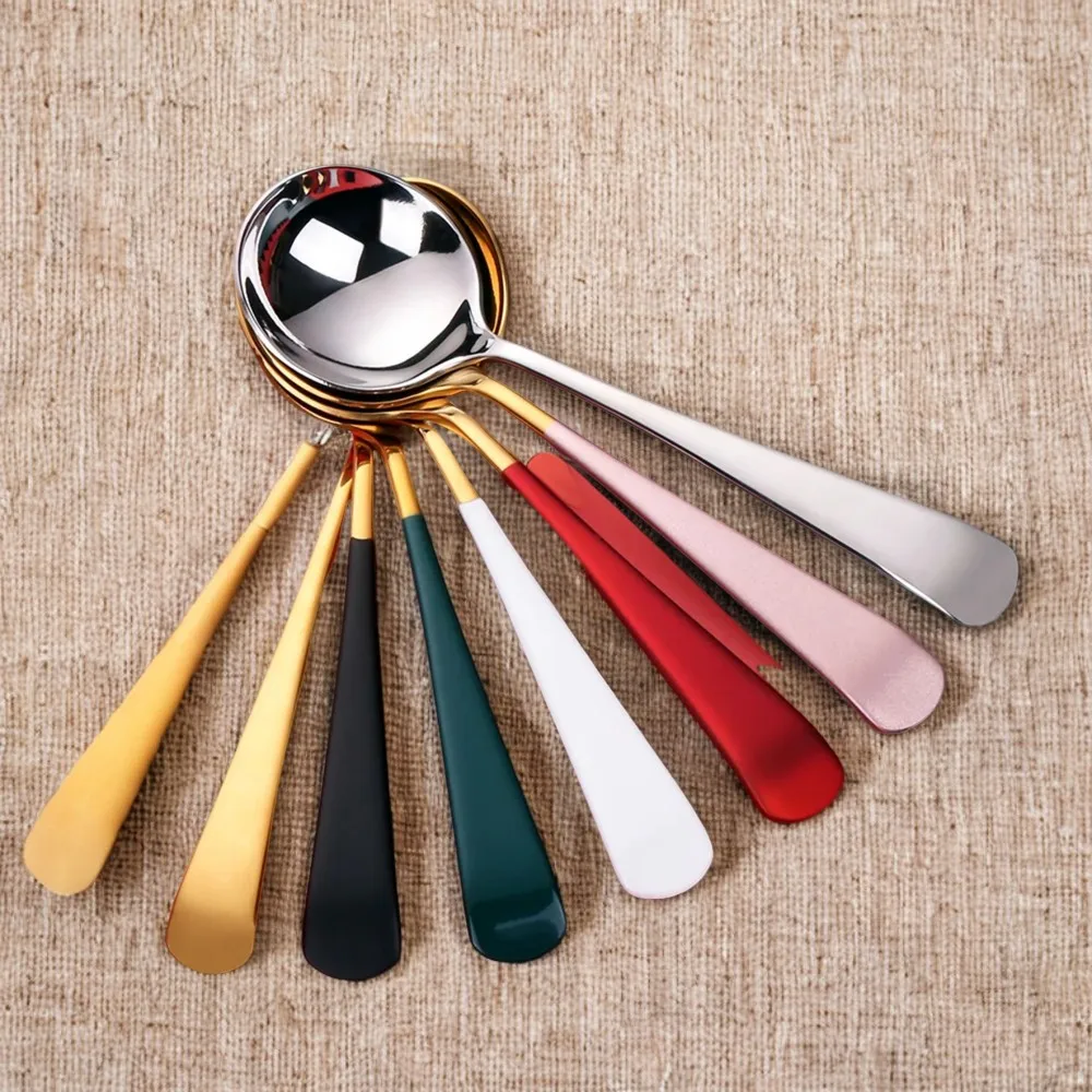 Colorful Set of 6 Pieces Stainless Steel Gold Spoon Stiring Teaspoon, Perfect for Ice Cream Cake and Desserts, Round Coffee Tabl