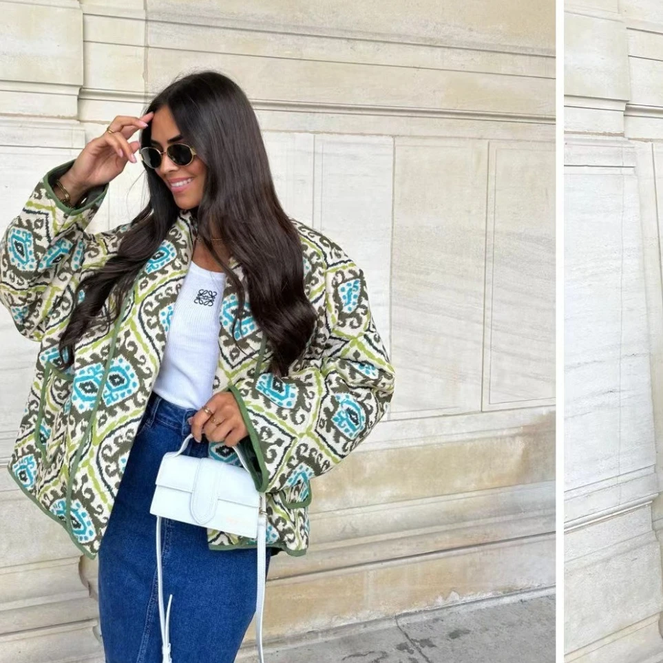 Chic Vintage Print Open Front Short Padded Cotton Coat Contrast Trim Loose Fit Daily Casual Classic Trendy Outerwear Jacket 2026
