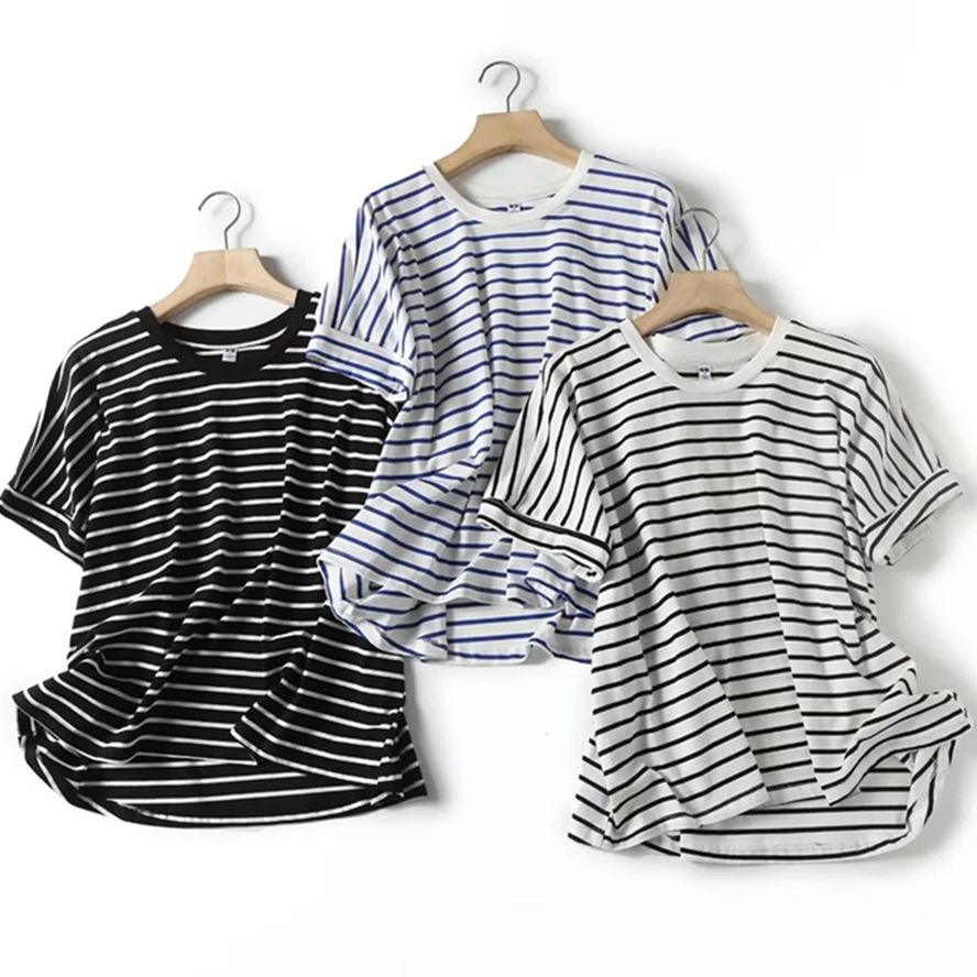 

Withered Pure Cotton Loose Top For Women S-XL Summer Round Neck Striped Ladies Casual T-shirt