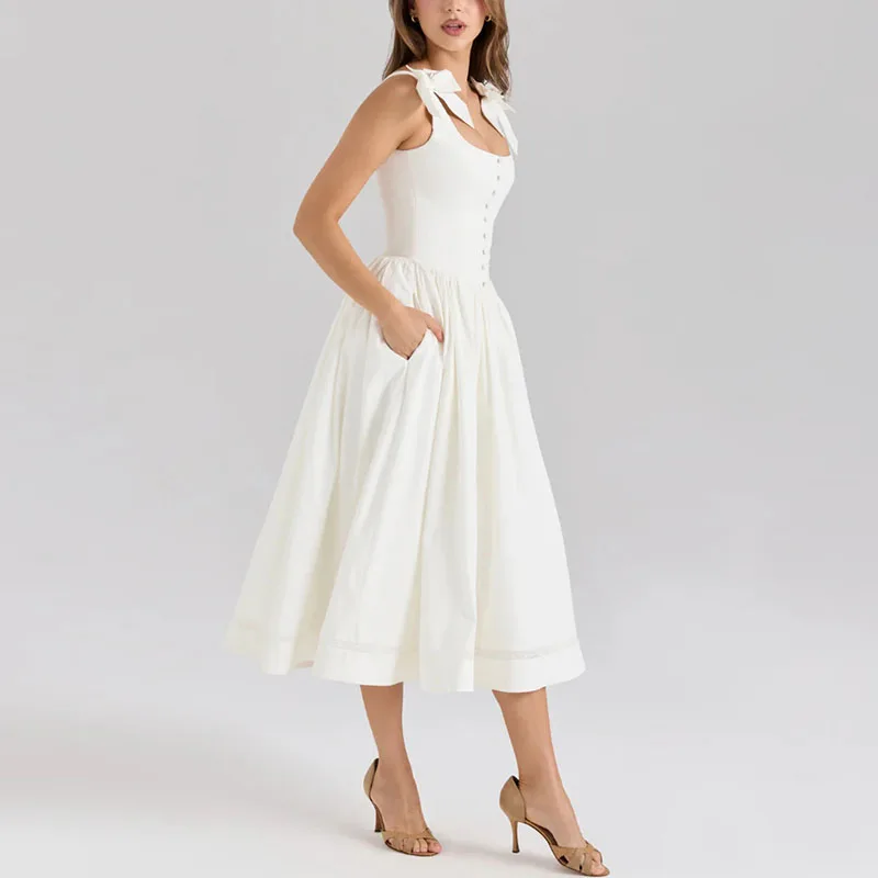 New Sexy Sleeveless Bowknot Lace Up Party Dress Summer Elegan Solid Button Commute Dress Women's Chic Zipper A-Line Boho Dresses