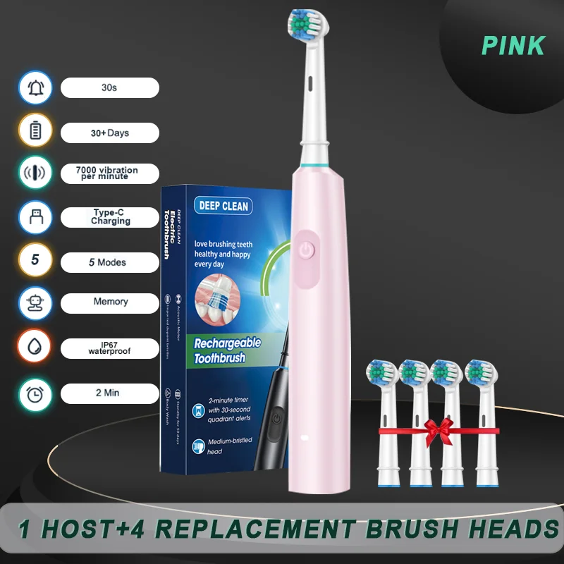 2025 Rotating Electric Toothbrush  5 Modes, USB Charger  4 Brush Heads  Adult Rechargeable Brush