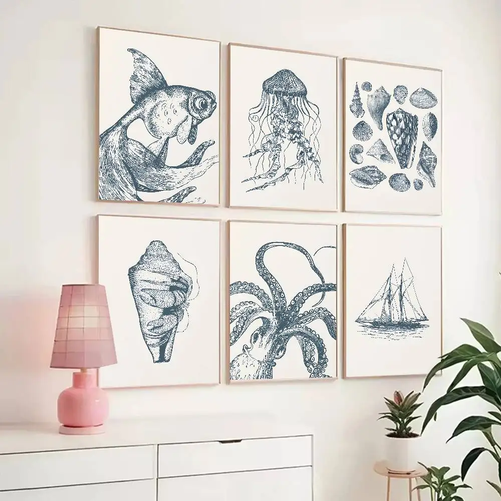 Vintage Blue Hermit Crab Octopus Sealife Poster Self-adhesive Art Room Entrance Restaurant Wall Decor Art Painting