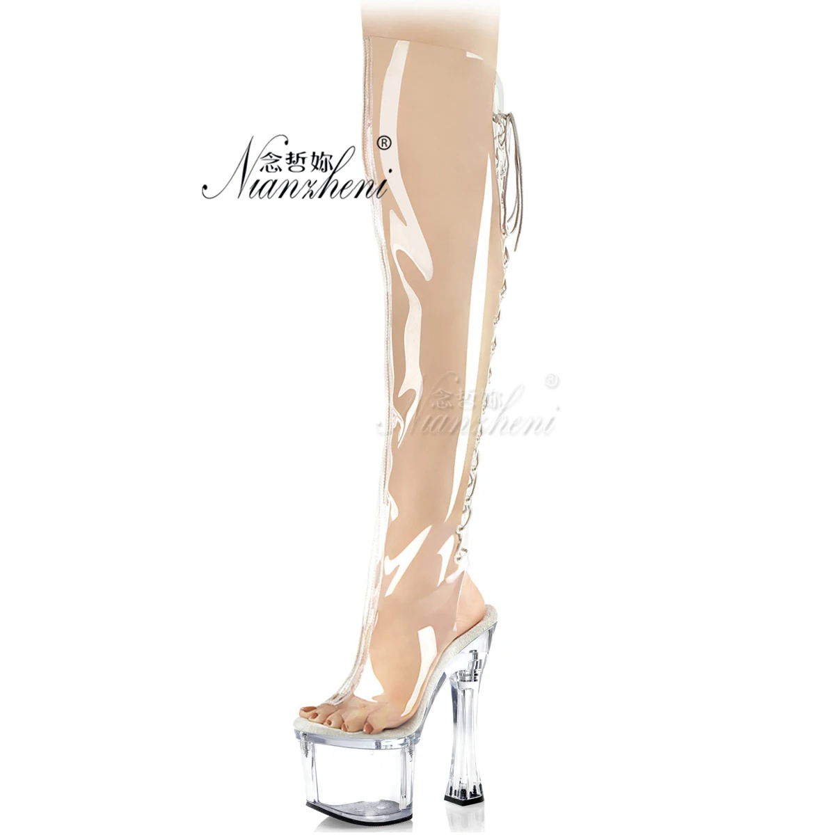 Exotic Open-Toe High Heels 20cm Sexy Platform 7-Inch Pole Dance Stripper Crystal-Encrusted Party Shoes Over-the-Knee Lace-Up