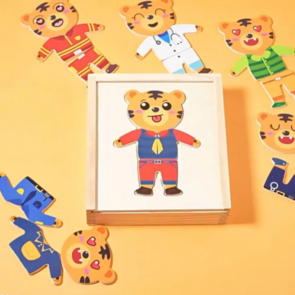 Matériel en bois Puzzle en bois Design de dessin animé changement de vêtements caractéristique dessin animé changement de vêtements jeu ours tigre