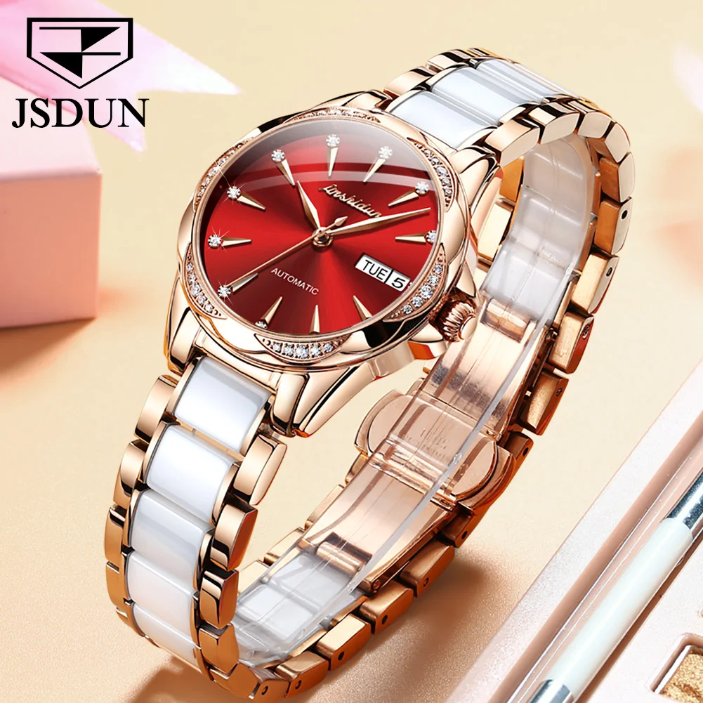 JSDUN Top Brand Luxury 50 meters waterproof Sapphire lens Mechanical Watch for Women Design Diamond Watch simple Gifts for beaut