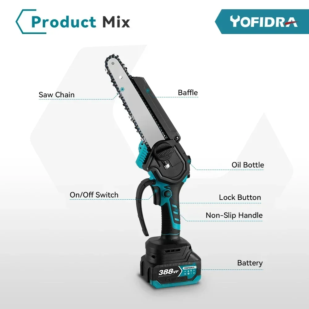 YOFIDRA 8Inch Brushless Electric Chainsaw Digital Display Cordless Rechargeable Saw Woodworking Tool For Makita 18V Battery