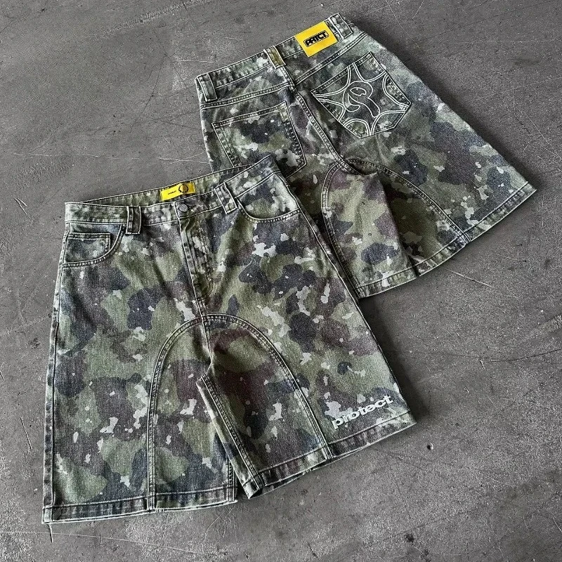 Fashion Mens Camo Embroidery Denim Shorts Y2K Trend High Street Streetwear Harajuku Vintage Loose Fit Washed Five Length Casual