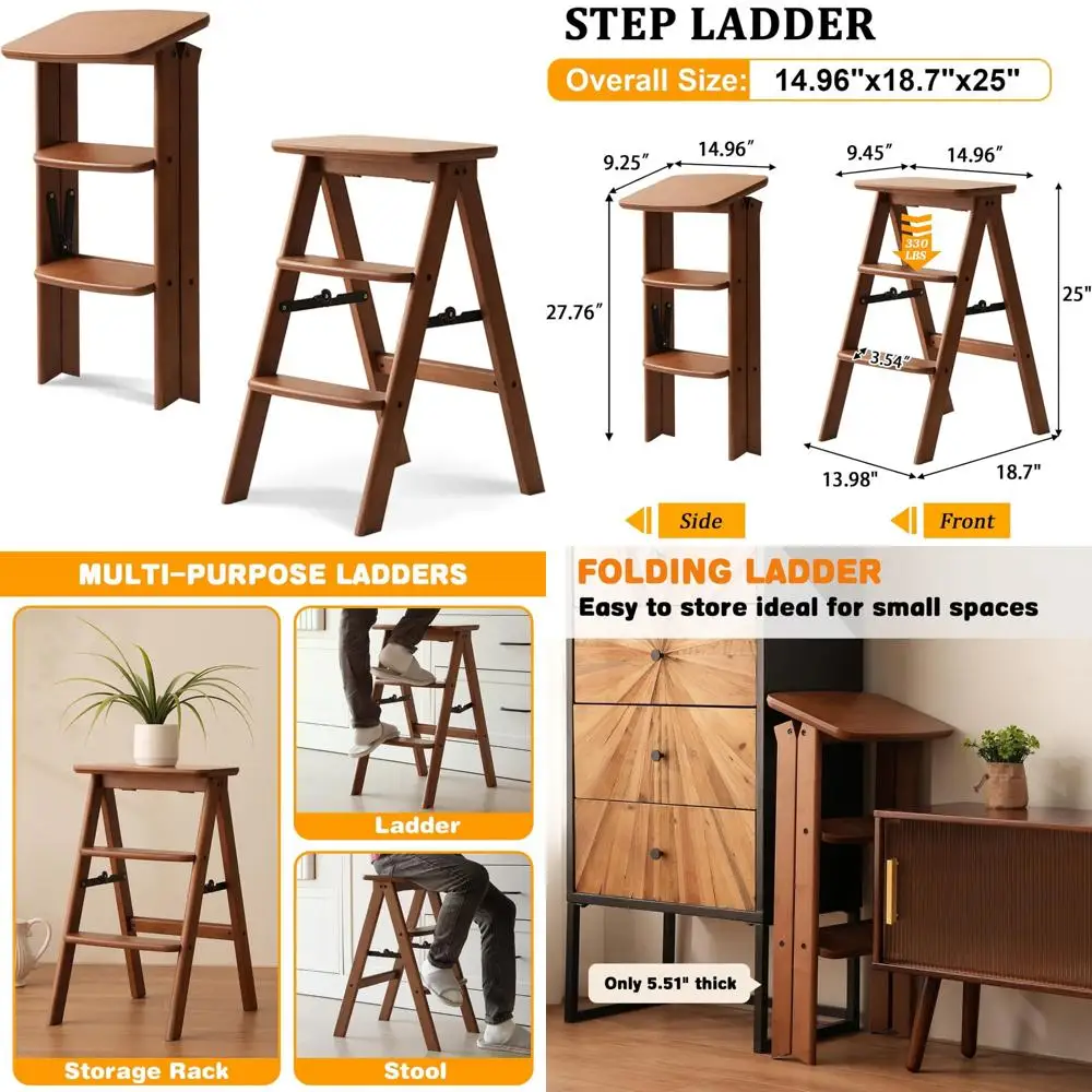 

Folding Bamboo 3-Tier Step Ladder - Lightweight, Portable, Anti-Slip, Multi-Purpose, Wooden Step Stool for Home and Office Use