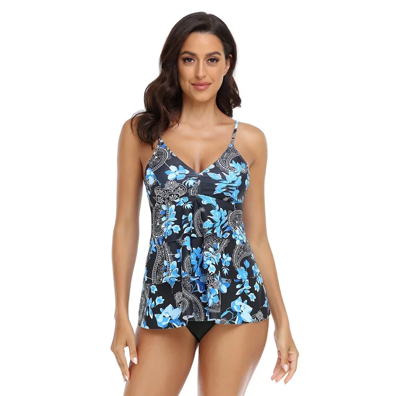 2-teilige Tankini-Badeanzüge für Damen, V-Ausschnitt, bedruckt, Tankini-Oberteile, Badebekleidung mit Shorts, Bauchkontrolle, Badeanzüge, Bikini-Set