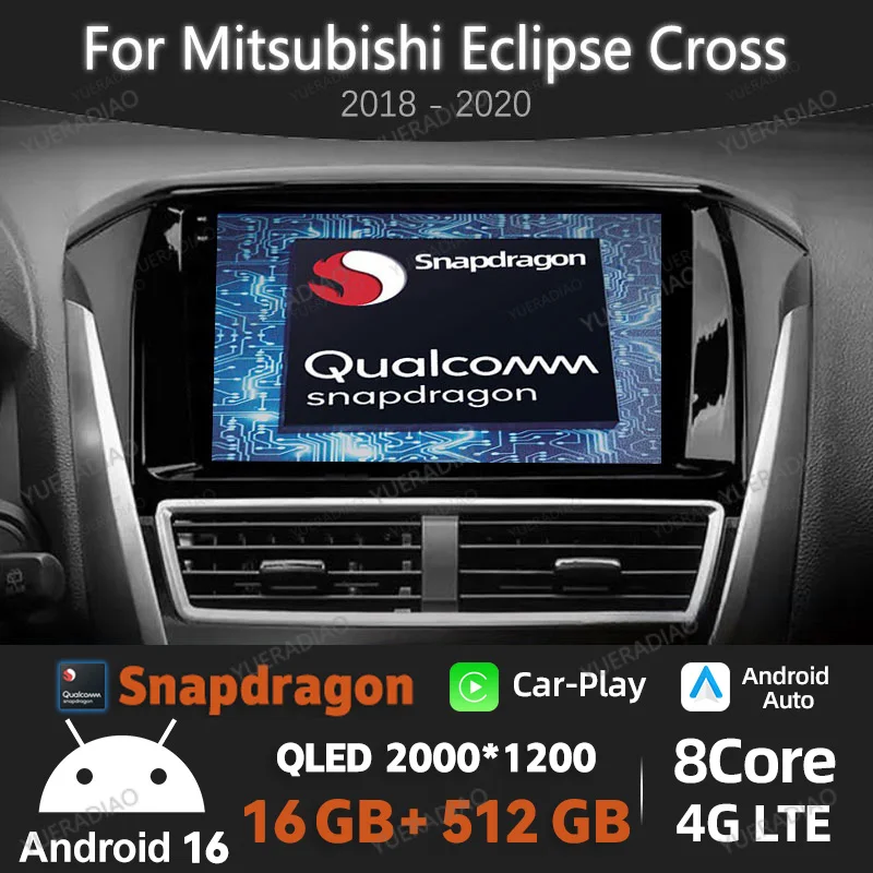 Radio para Auto Android 16 para Mitsubishi Eclipse Cross 2017 2018 2019 - 2022 Reproductor Multimedia de Video 4G LTE 5G WIFI GPS NAVI QLED