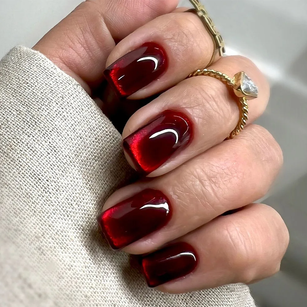 24 pçs olho de gato vermelho imprensa em unhas cobertura completa cor sólida brilhante arte do prego simples ballet curto destacável dicas de unhas acrílicas