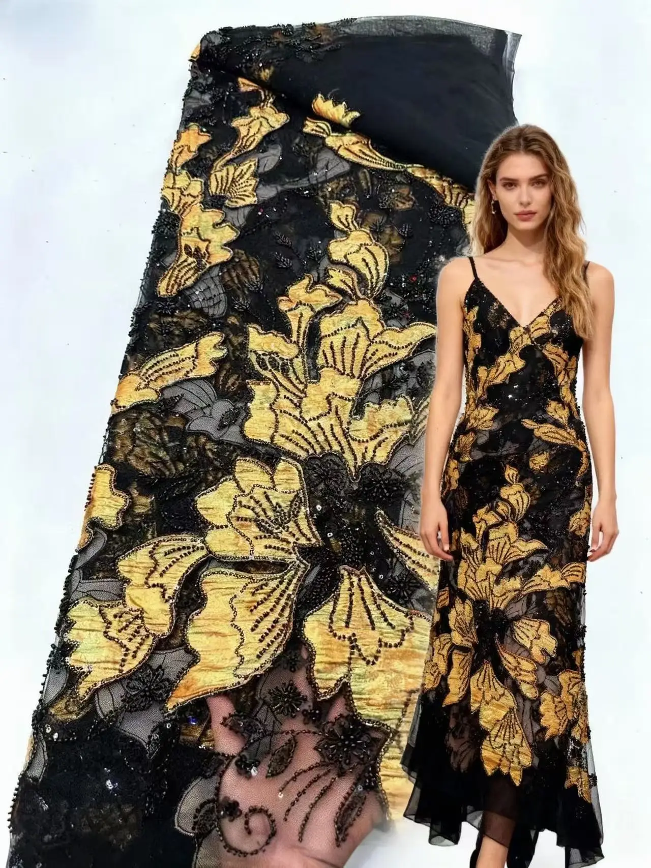 

African Beaded Tulle Lace Fabric Black gold 2025 High Quality Lace French Luxury Sequins Nigerian Lace Fabric For Wedding Dress
