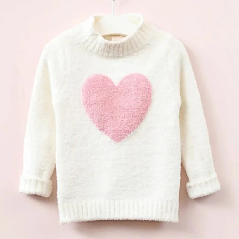 2-9Years Baby Girls Knitted Sweater Winter and Autumn Long Sleeve Warm High Collar Cute Heart Kids Sweater Top Girl Clothes