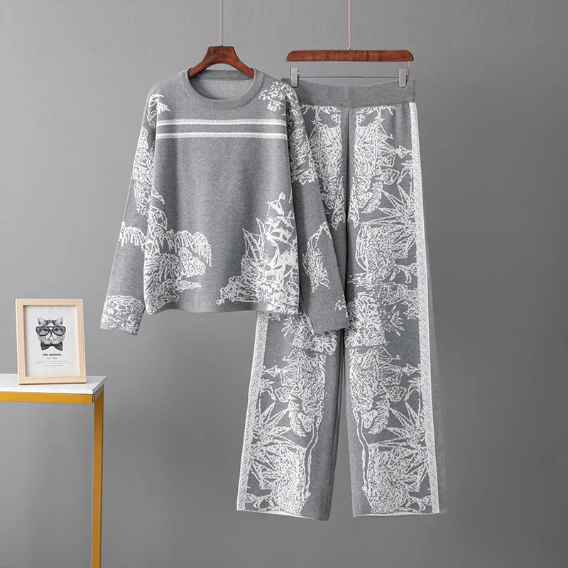 Fashion Women\'s Set Spring and Autumn New Ink Painting Long Sleeve Hoodie Sweater Loose Wide Leg Pants Knitted Two Piece Set