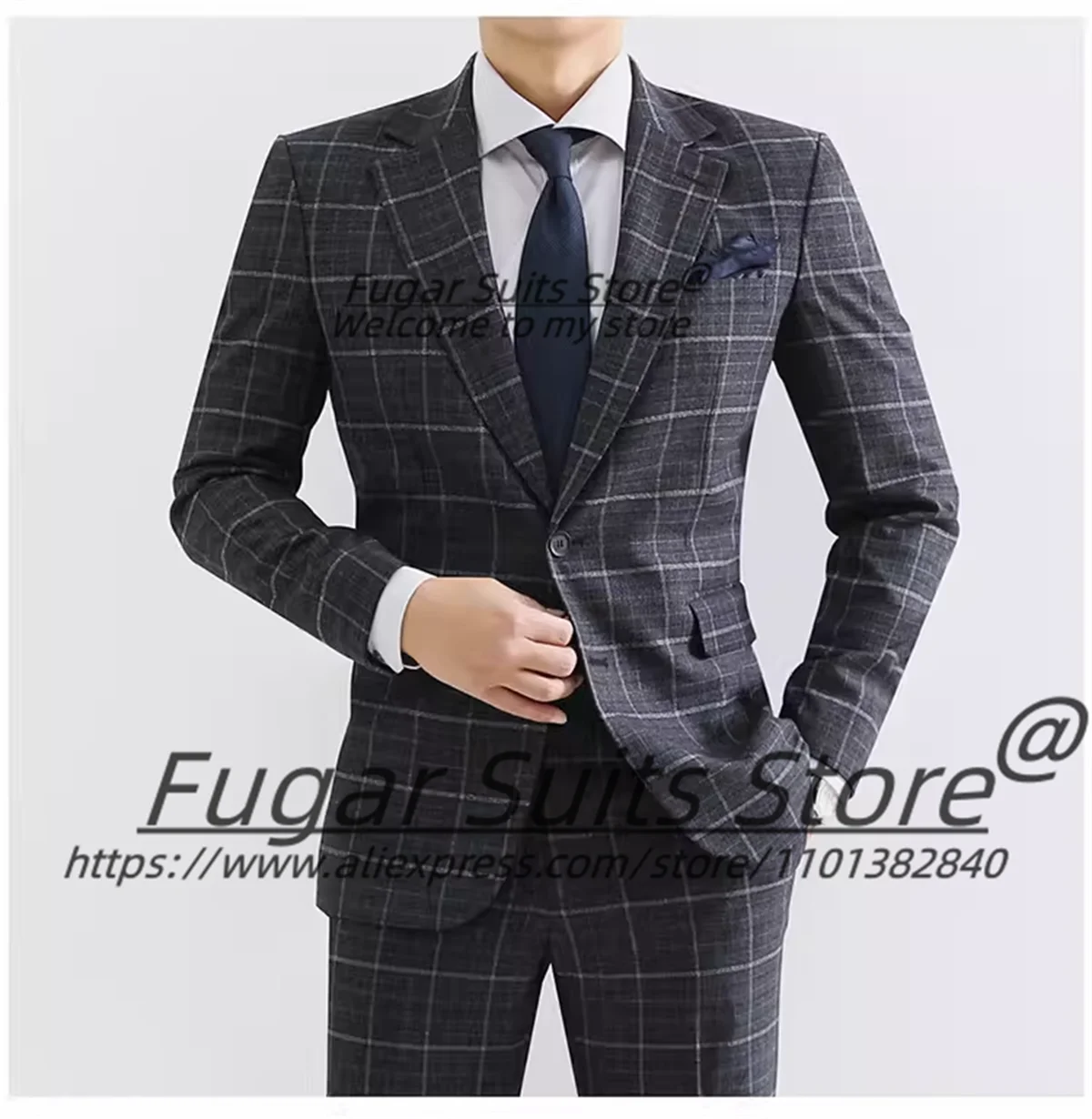 

Dark Gray Plaid Men Suits Customized Slim Fit Notched Lapel Groom Tuxedos 2 PCS Sets Male Office Work Blazers trajes para hombre