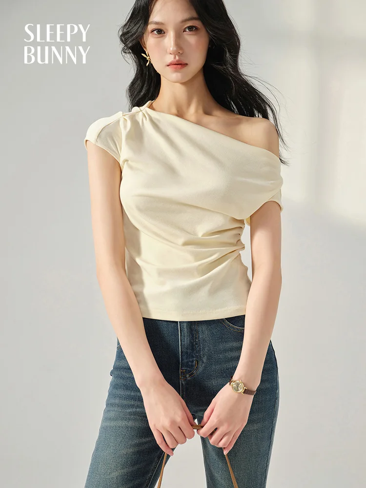

Elegant Off Shoulder T-Shirt Women Summer Slim Draped Short Sleeve Tee Lightweight Stylish Asymmetrical Design Top Casual Looks