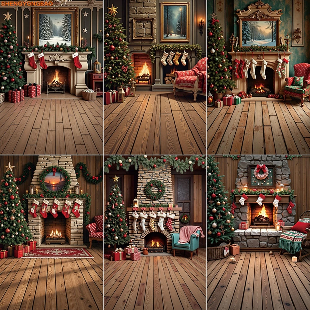 

2025 Christmas VlillageBackground for Photography Brick Fireplace Gift Big Tree Photo Backdrop 2024 Photo Studio Photocall Props