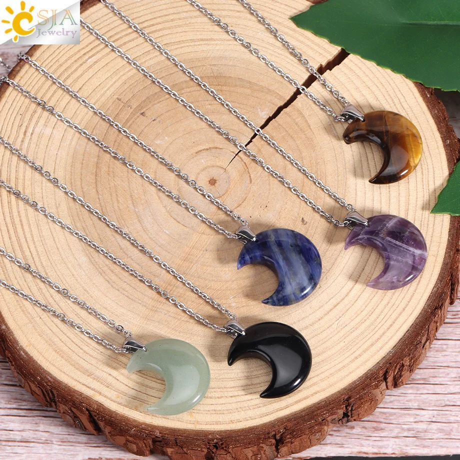 CSJA Natural Stone Crescent Moon Necklace for Women Energy Pink Quartz Crystal Star Pendant Stainless Steel Chain Necklaces H597
