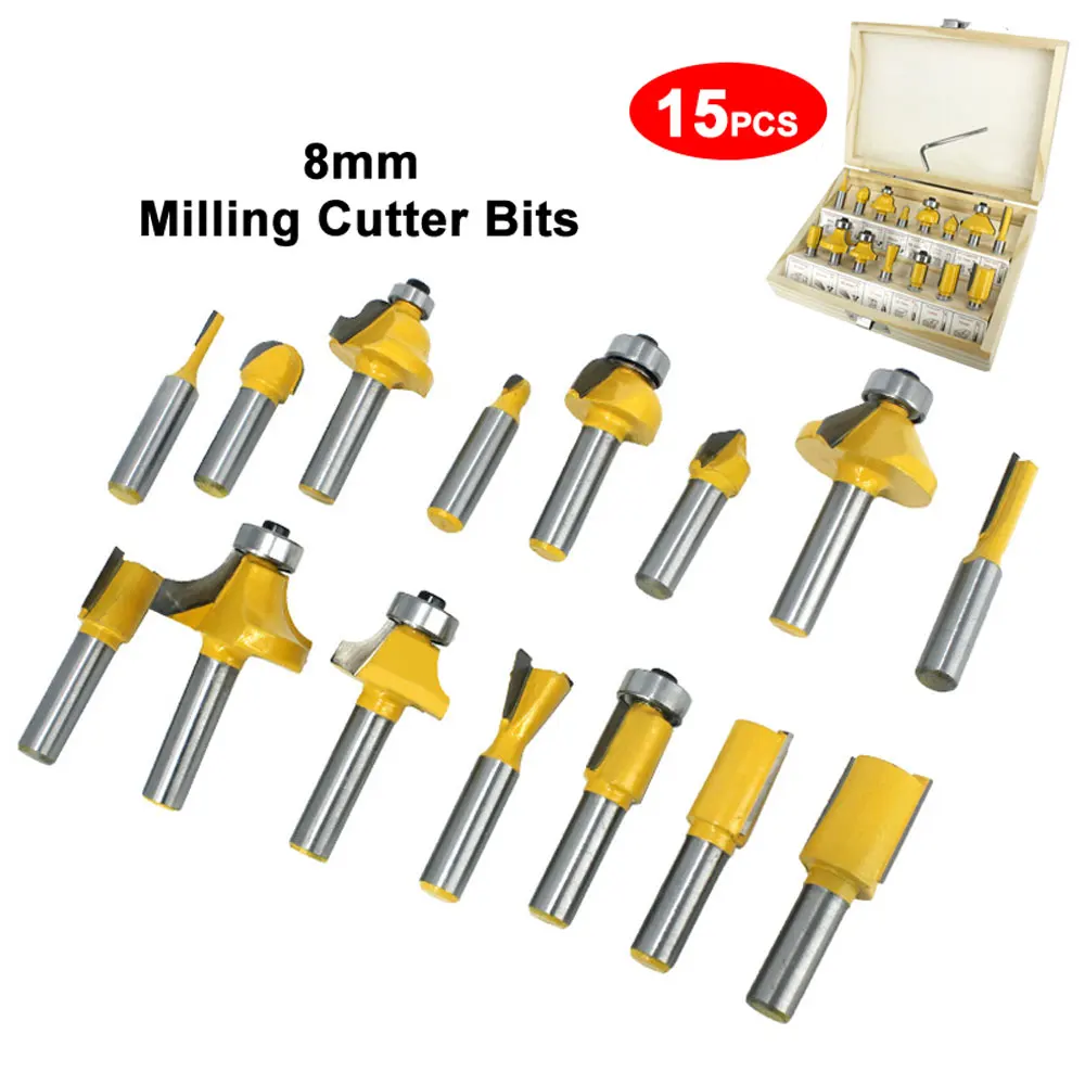 15pc / Set Woodworking Wood Milling Cutter Bits 1/4\'\' 6.35mm 8mm Shank Carbide Router Cutter For Wood Router Milling Engraving