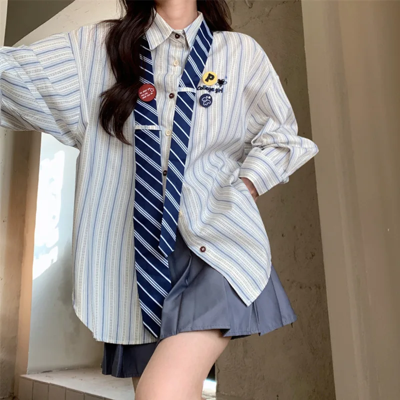 2025 Autumn Women New Vintage Striped Patchwork Necktie Shirt Long Sleeve Oversize Friends Blouses Preppy Style Blusas Top