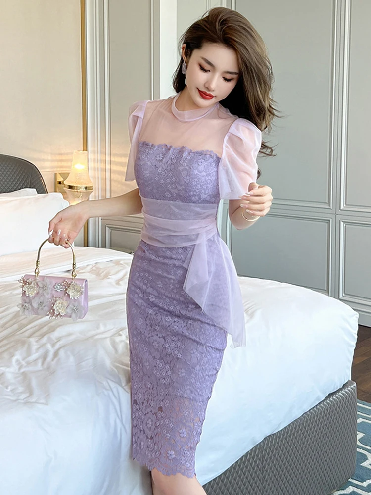 Robe de soirée en dentelle violette pour femme, manches bouffantes, mince, mi-longue, élégante, transparente, sexy, fête, Rh, vacances, mode, été
