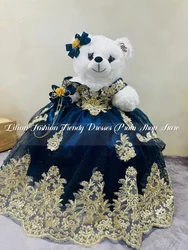 Gemstone Blue Fantasy Quinceanera Teddy Bear Dress 2025 Mexican Strapless Gold Appliqued Ruffle Customised