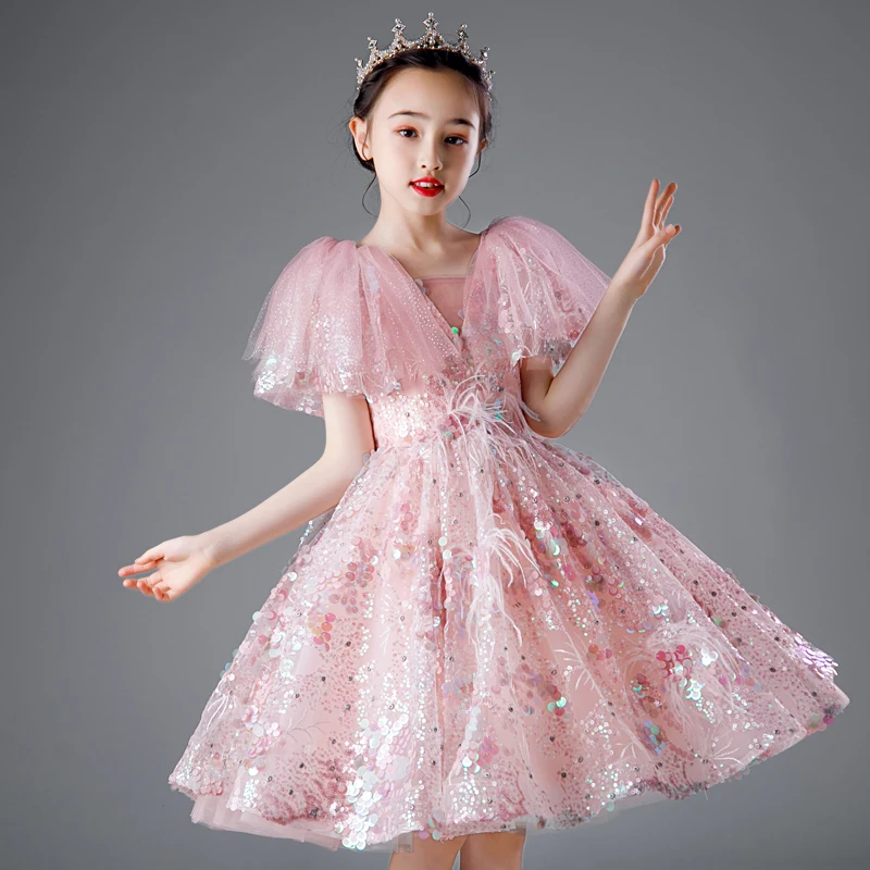 

Children Pink Sequin Elegant Wedding Party Dress for Little Girls Luxury Long Evening Gowns Kids Pageant Formal Occasion Dresses