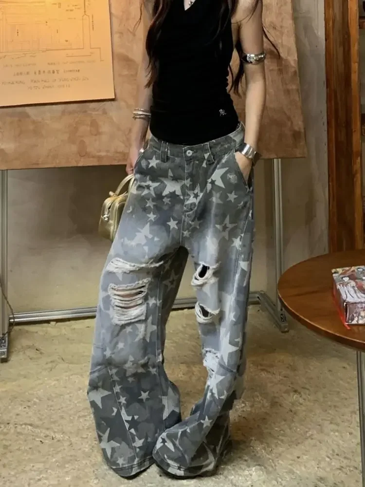 Vintage estrela impressão rasgado jeans feminino cintura alta clássico baggy calças jeans streetwear y2k americano retro calças de perna larga